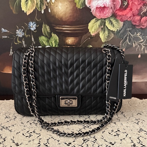 Karl Lagerfeld Black Quilted Lamb Leather Shoulder Bag - Picture 4 of 16